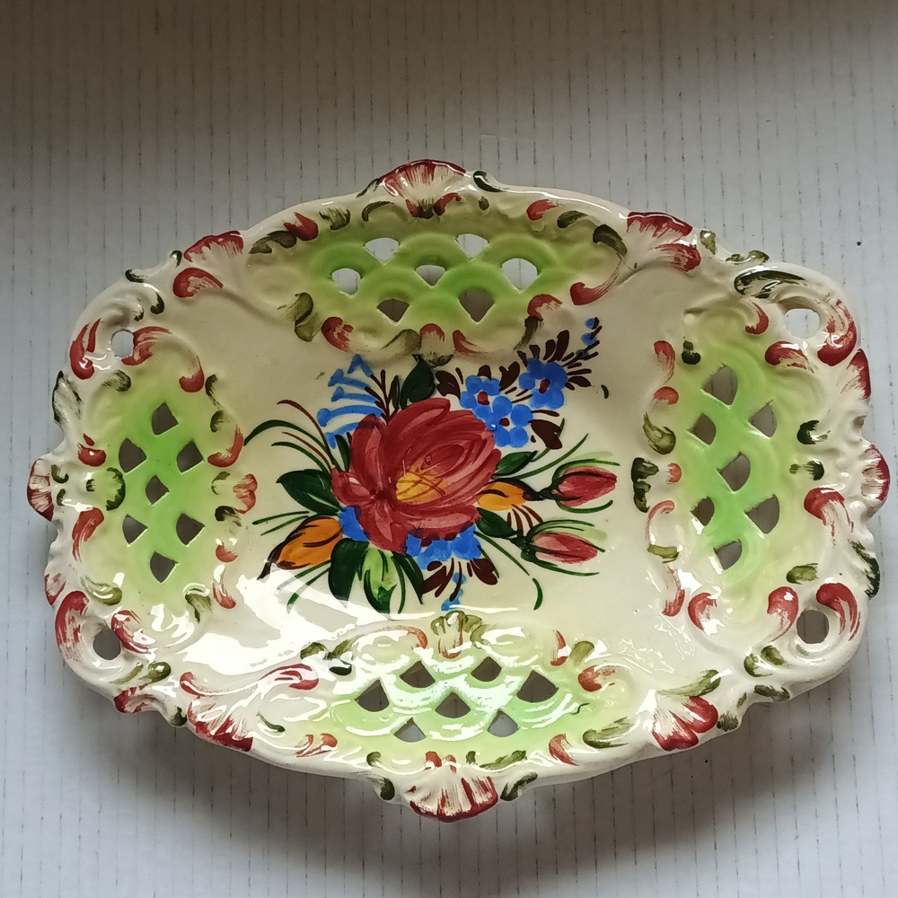 Vintage Hand Painted Floral Rectangular Dish Italy Reticulated Platter Decor